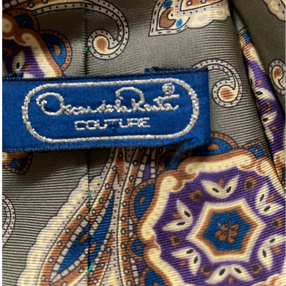 Oscar de la Renta Couture Silk Tie OS Olive Green Purple Paisley Floral Necktie